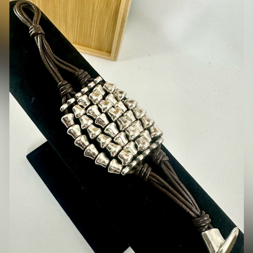 UNO DE 50 Brown Leather Cord & Silver Plate Beaded Multi Layered Toggle Bracelet
